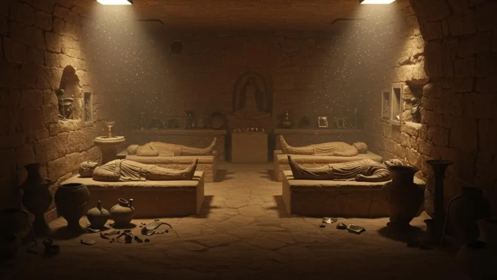 Chambre funéraire ancienne avec sarcophages et objets archéologiques