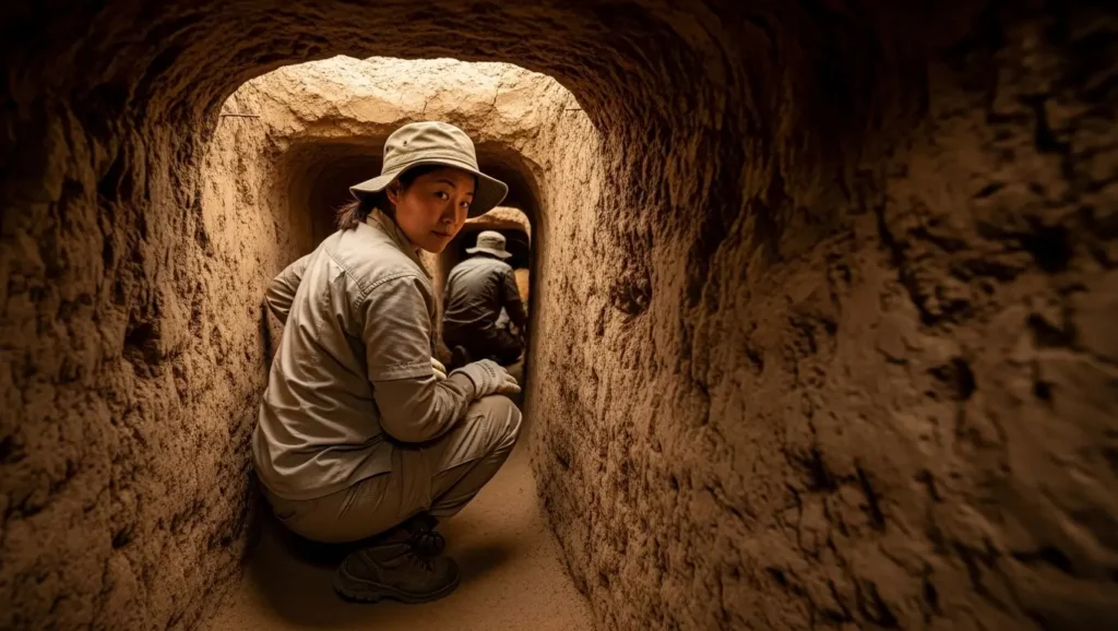 Archéologues explorant un tunnel antique en Chine, creusé dans la roche
