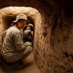 Archéologues explorant un tunnel antique en Chine, creusé dans la roche