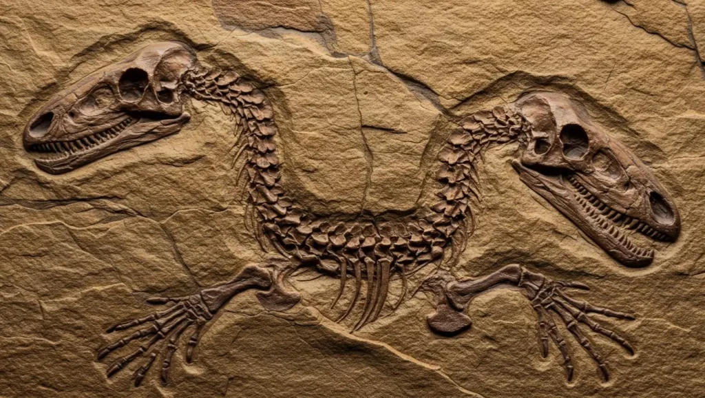 Fossile exceptionnel d’Hyphalosaurus à deux têtes découvert en Chine, montrant une bifurcation axiale rare vieille de 120 millions d’années.