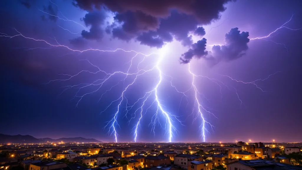 Éclairs multiples frappant une ville pendant un orage nocturne