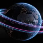 Planète Terre vue de l’espace avec des anneaux lumineux représentant l’accélération de sa rotation.