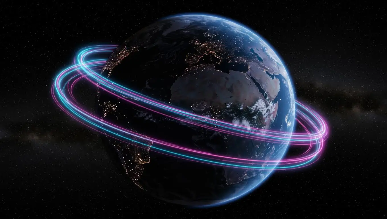 Planète Terre vue de l’espace avec des anneaux lumineux représentant l’accélération de sa rotation.