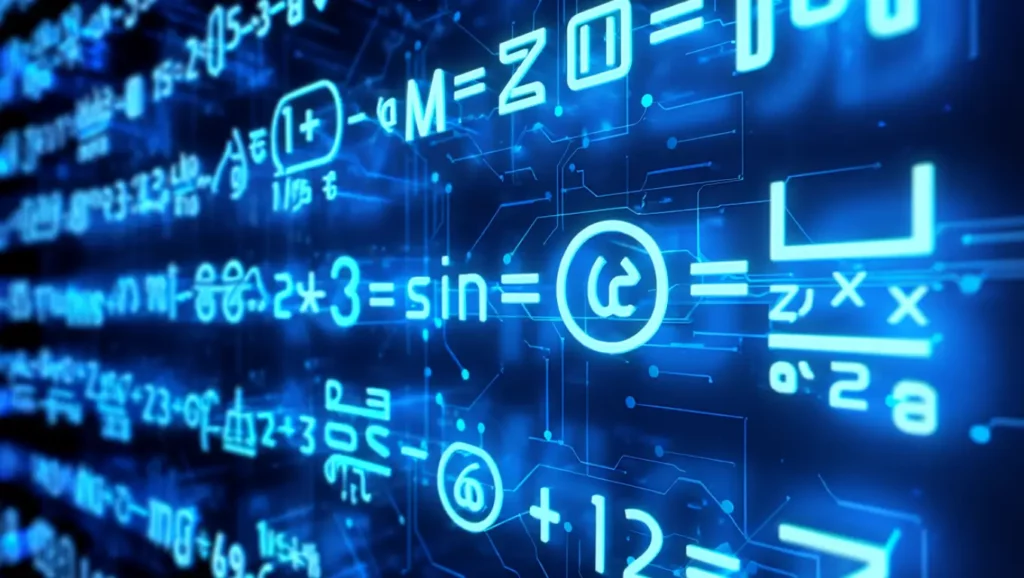 Formules mathématiques complexes affichées en bleu lumineux sur fond numérique