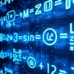Formules mathématiques complexes affichées en bleu lumineux sur fond numérique