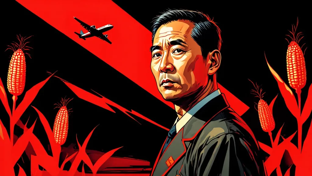 Illustration d’un espion chinois au milieu de champs de maïs, avec un avion en arrière-plan