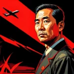 Illustration d’un espion chinois au milieu de champs de maïs, avec un avion en arrière-plan