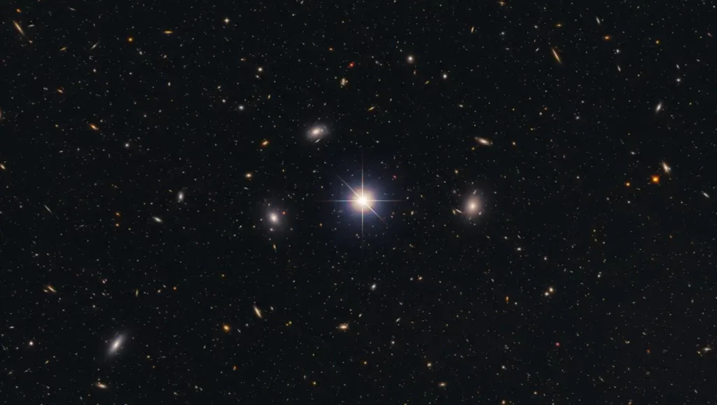 Image du télescope spatial James Webb montrant Earendel, le point lumineux le plus éloigné jamais observé, au cœur d’un amas de galaxies.