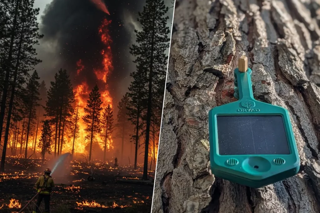 À gauche, un incendie de forêt intense ; à droite, un capteur connecté fixé à un tronc d’arbre