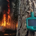À gauche, un incendie de forêt intense ; à droite, un capteur connecté fixé à un tronc d’arbre