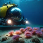 Submersible jaune explorant les fonds marins près d’anémones violettes