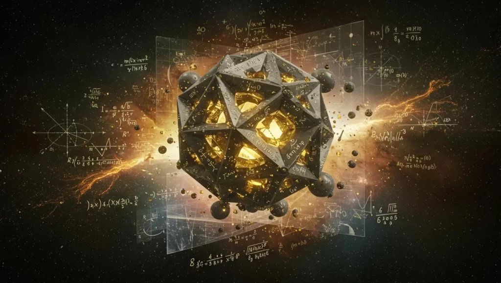Structure géométrique entourée de formules mathématiques dans l’espace