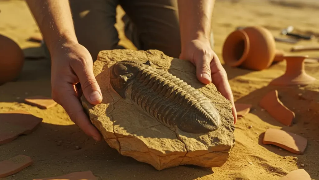 Fossile de trilobite vieux de 450 millions d’années découvert dans une roche lors de fouilles archéologiques dans le désert.