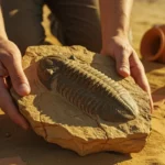 Fossile de trilobite vieux de 450 millions d’années découvert dans une roche lors de fouilles archéologiques dans le désert.