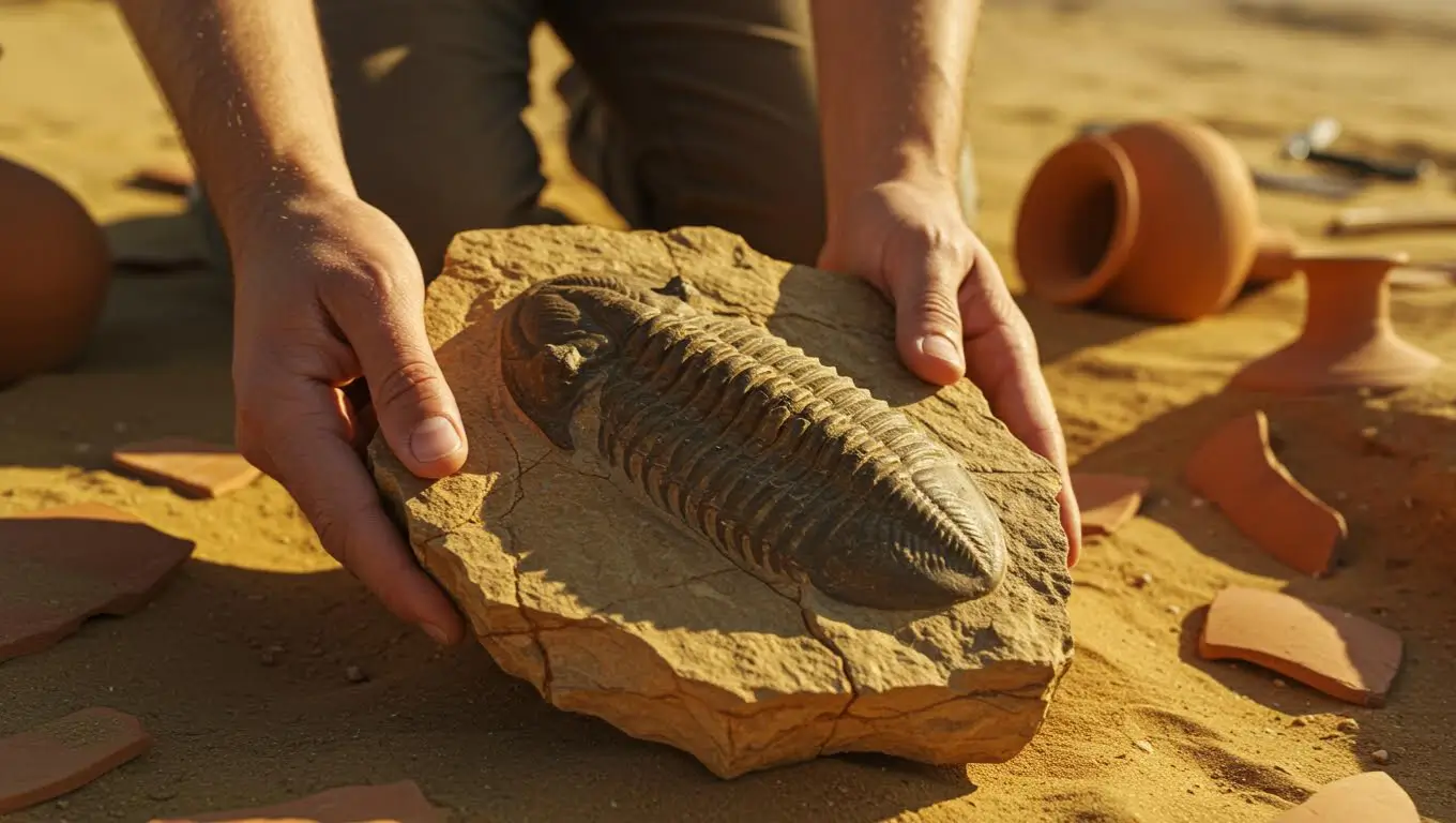 Fossile de trilobite vieux de 450 millions d’années découvert dans une roche lors de fouilles archéologiques dans le désert.