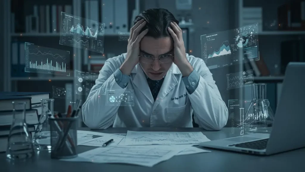 Scientifique en blouse blanche, la tête dans les mains, entouré de graphiques et données complexes
