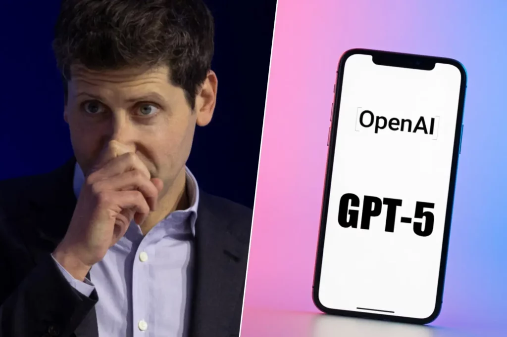 Sam Altman de OpenAI à côté d’un smartphone affichant GPT-5