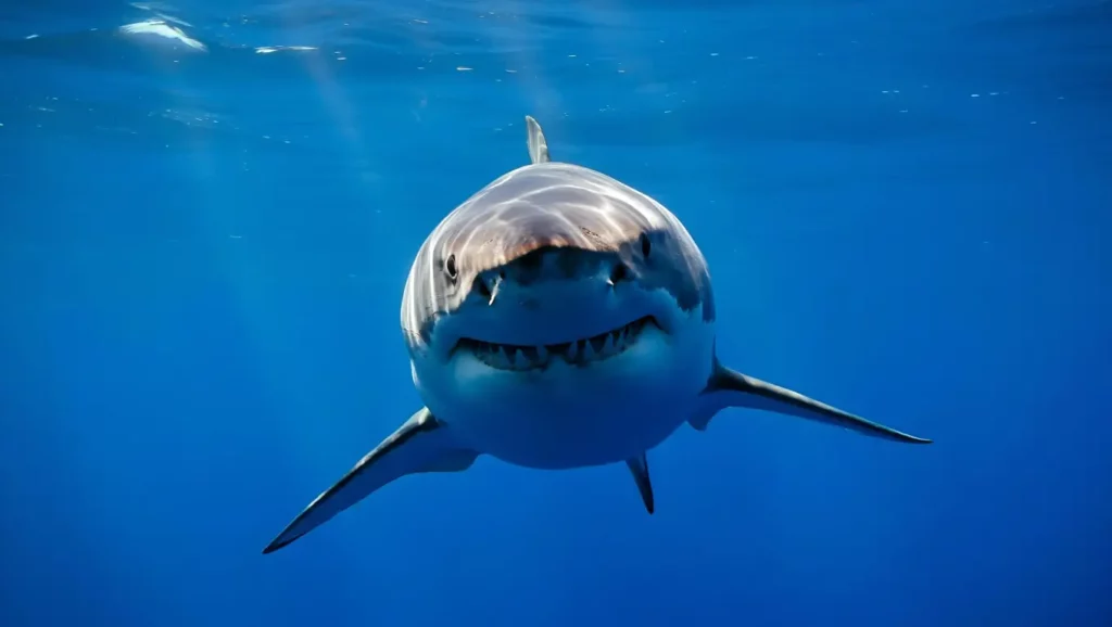 Grand requin blanc en pleine mer, symbole d’un mystère scientifique non élucidé.