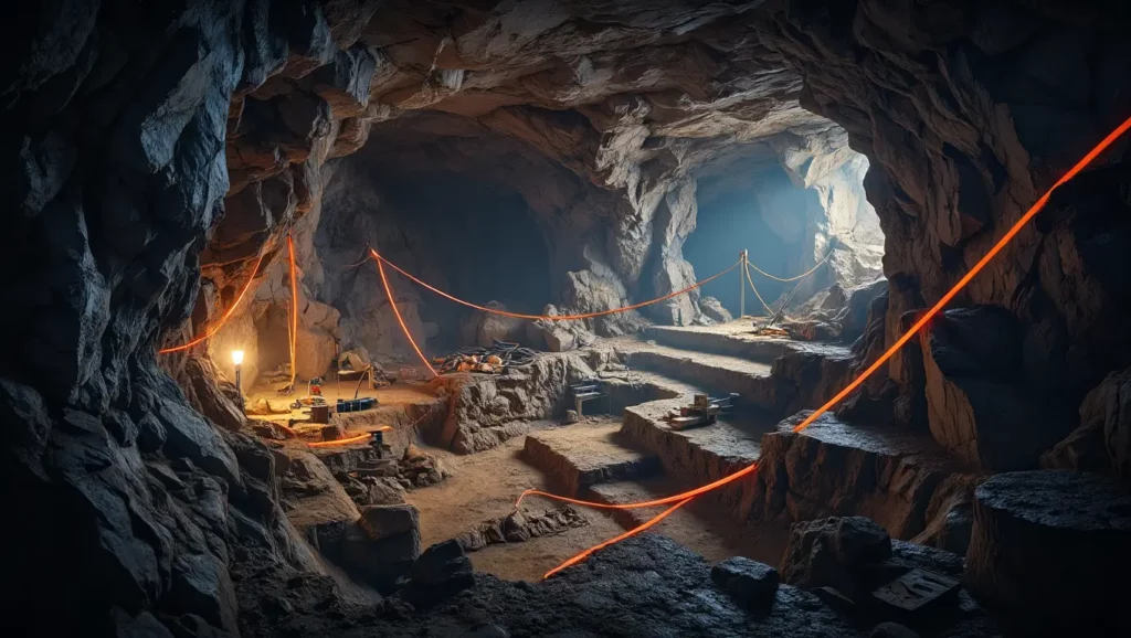 Grotte rocheuse servant de site de fouilles archéologiques, éclairée par des cordons lumineux