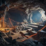 Grotte rocheuse servant de site de fouilles archéologiques, éclairée par des cordons lumineux