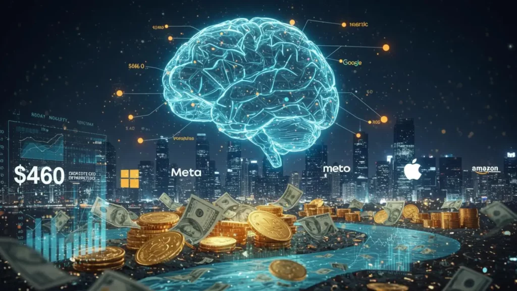 Cerveau numérique représentant l’IA avec logos d’entreprises tech et argent