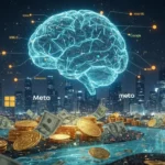 Cerveau numérique représentant l’IA avec logos d’entreprises tech et argent