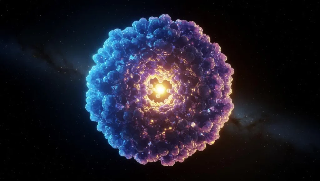 Illustration artistique de la matière noire concentrée au cœur d’une exoplanète, émettant une lumière intense.