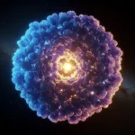 Illustration artistique de la matière noire concentrée au cœur d’une exoplanète, émettant une lumière intense.