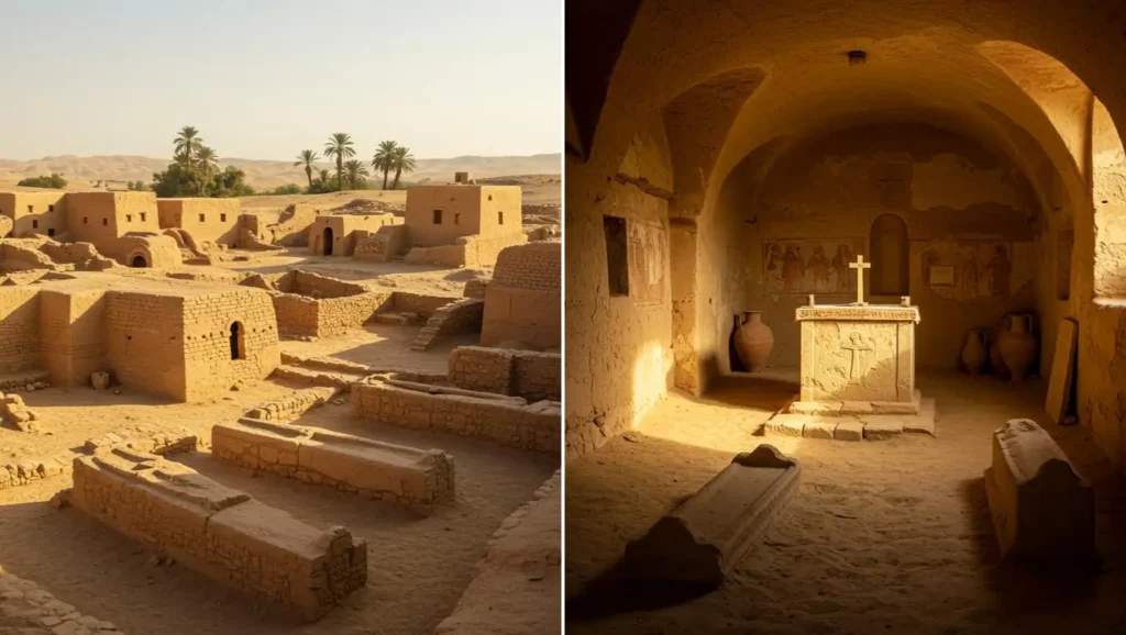 Vestiges d’une cité chrétienne antique en Égypte, avec habitations en briques de sable et intérieur d’une église ornée d’un autel et fresques anciennes.