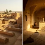 Vestiges d’une cité chrétienne antique en Égypte, avec habitations en briques de sable et intérieur d’une église ornée d’un autel et fresques anciennes.