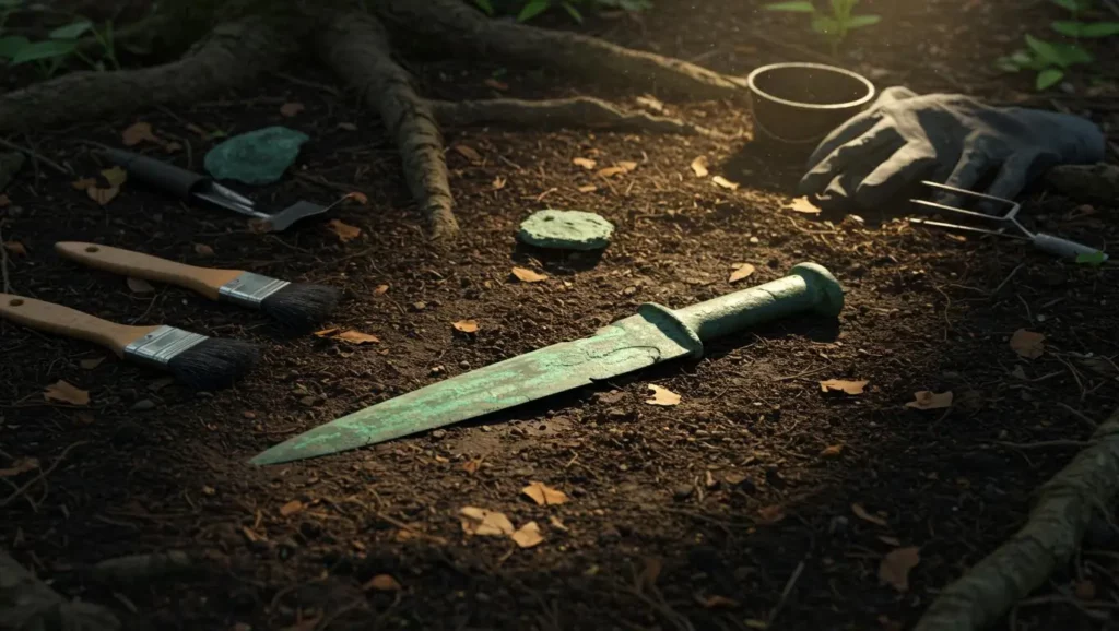 Dague en bronze vieille de 3 500 ans découverte lors d’une fouille archéologique, posée dans la terre avec des outils de chercheurs.