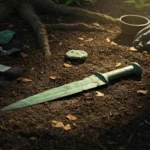 Dague en bronze vieille de 3 500 ans découverte lors d’une fouille archéologique, posée dans la terre avec des outils de chercheurs.