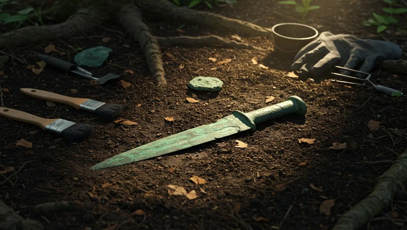 Dague en bronze vieille de 3 500 ans découverte lors d’une fouille archéologique, posée dans la terre avec des outils de chercheurs.