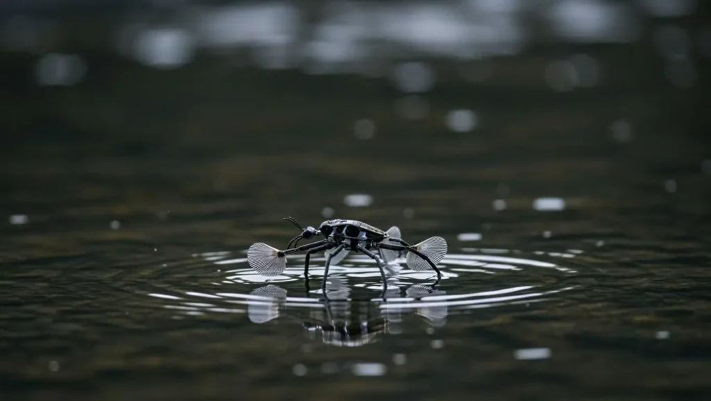 Illustration d’un robot miniature inspiré des insectes aquatiques, marchant à la surface de l’eau.