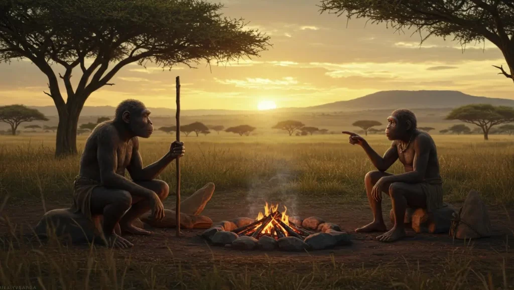 Illustration de deux espèces humaines anciennes assises autour d’un feu dans la savane africaine.