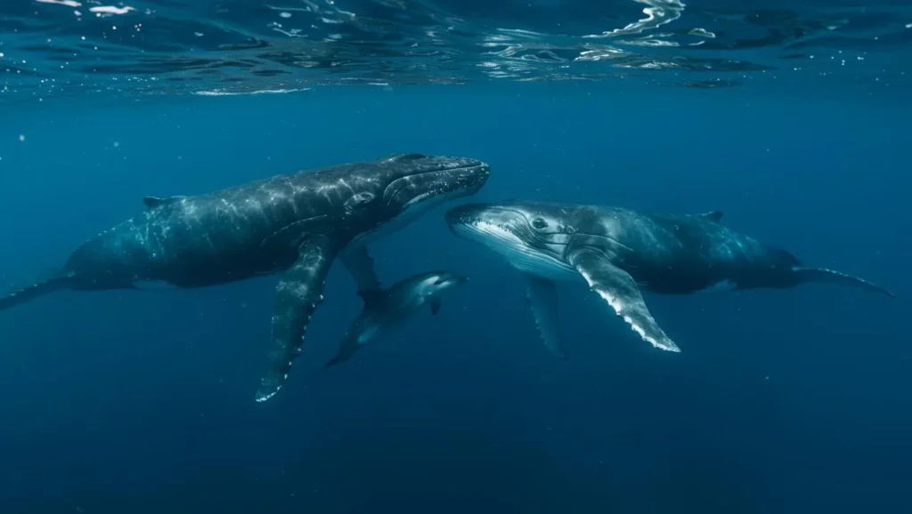 Deux baleines nagent côte à côte accompagnées d’un dauphin, une scène rare qui intrigue les chercheurs en biologie marine.
