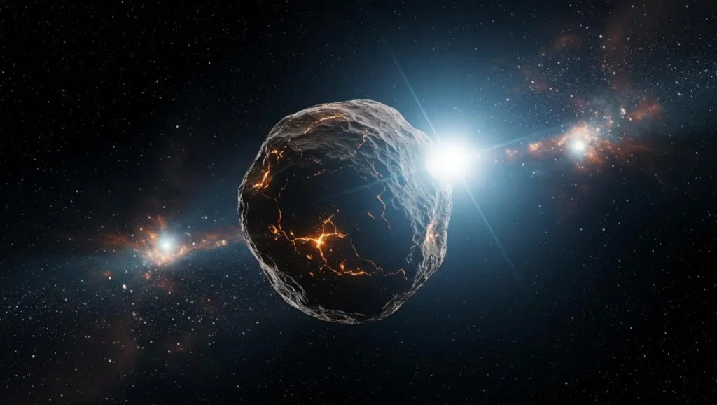 Gros plan d’un astéroïde fissuré libérant de la poussière lumineuse dans l’espace.