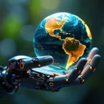 Main robotique tenant une Terre lumineuse, symbole de l’intelligence artificielle utilisée pour anticiper les changements climatiques mondiaux.