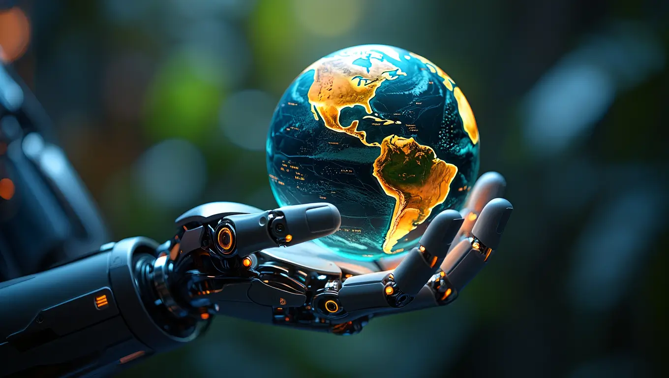 Main robotique tenant une Terre lumineuse, symbole de l’intelligence artificielle utilisée pour anticiper les changements climatiques mondiaux.