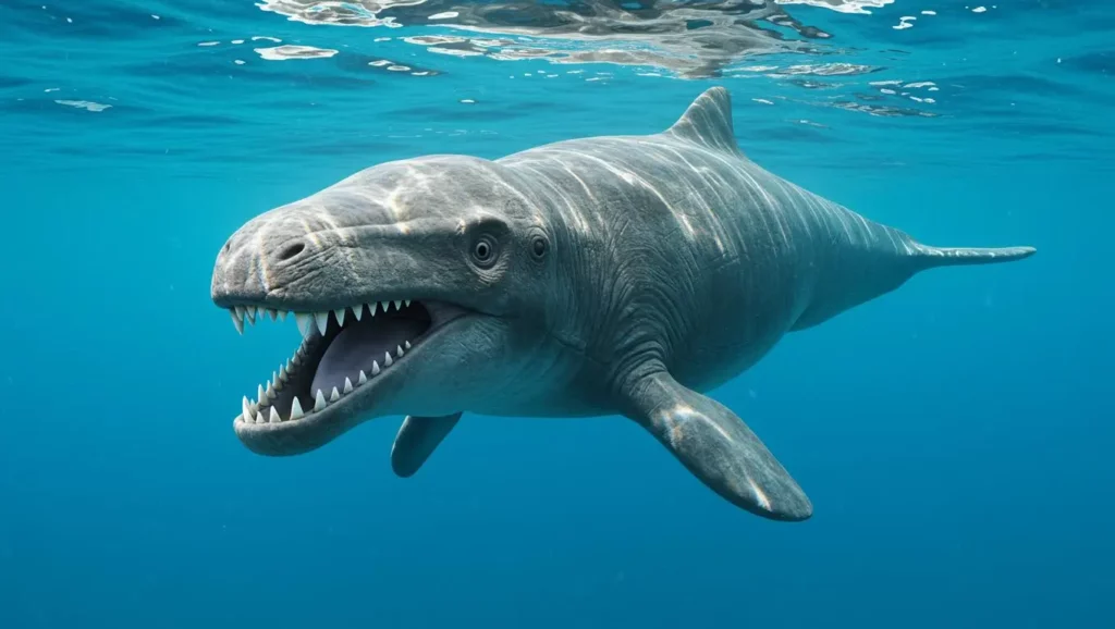 Reconstitution illustrée du Janjucetus dullardi, un ancien prédateur marin aux dents tranchantes.