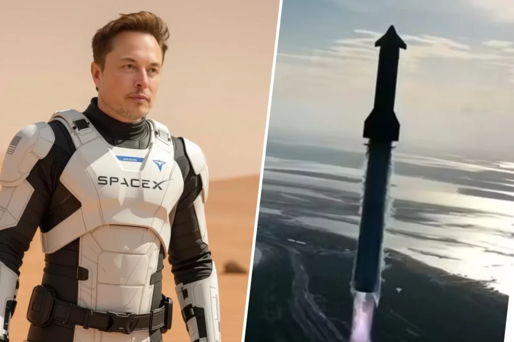 Elon Musk en combinaison SpaceX et le lanceur Starship décollant avec succès, marquant une étape clé pour la conquête spatiale.