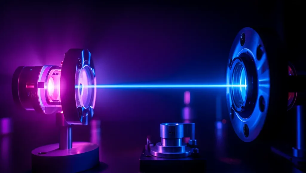 Faisceau laser bleu concentré entre deux modules scientifiques dans un laboratoire.