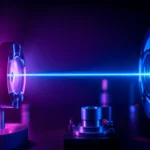 Faisceau laser bleu concentré entre deux modules scientifiques dans un laboratoire.