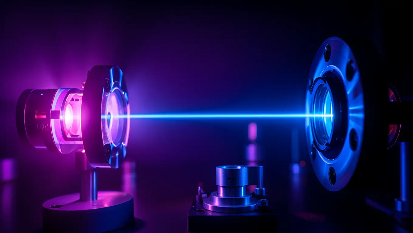 Faisceau laser bleu concentré entre deux modules scientifiques dans un laboratoire.