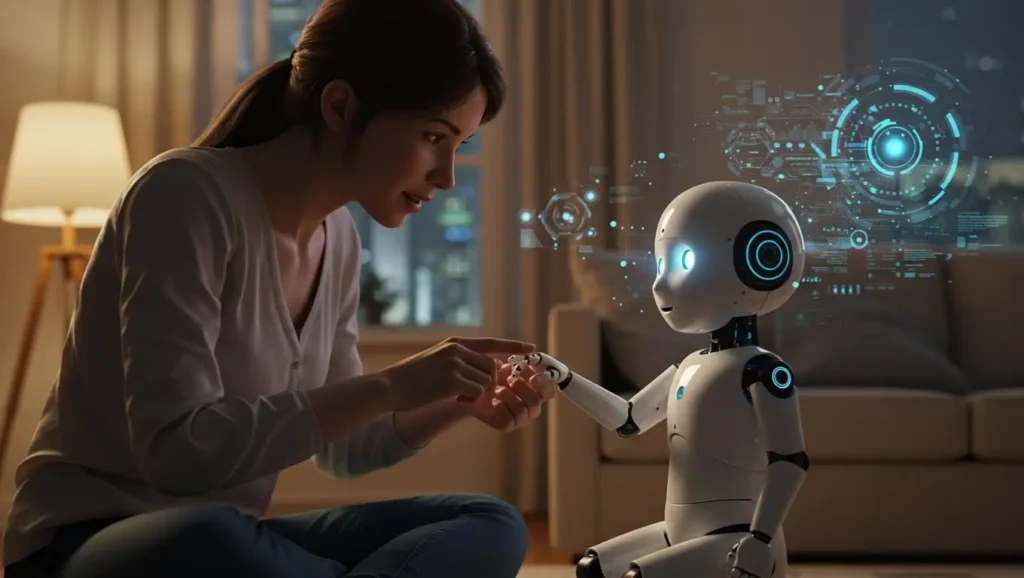 Une femme interagit tendrement avec un petit robot humanoïde, symbolisant l’idée d’élever l’IA comme un enfant, dans un salon éclairé chaleureusement.