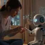 Une femme interagit tendrement avec un petit robot humanoïde, symbolisant l’idée d’élever l’IA comme un enfant, dans un salon éclairé chaleureusement.