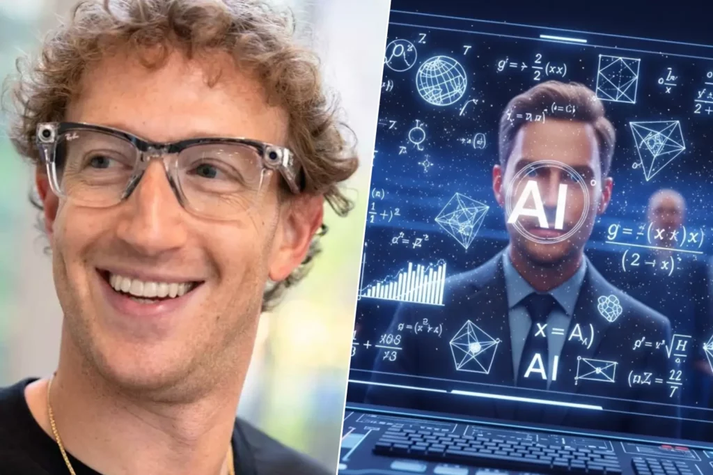Montage de Mark Zuckerberg portant des lunettes connectées et interface virtuelle d’une IA