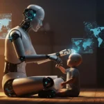 Un robot humanoïde interagissant tendrement avec un bébé assis au sol, dans une ambiance chaleureuse, avec des interfaces holographiques en arrière-plan.