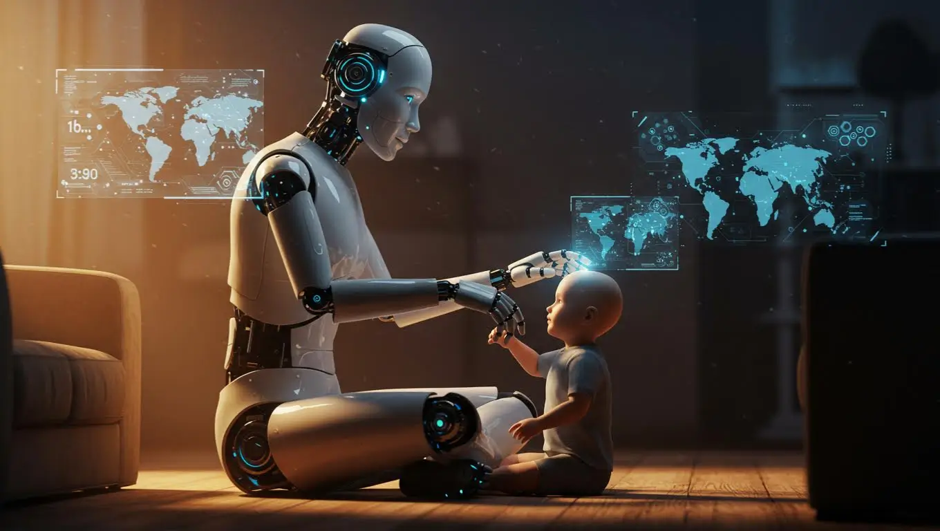 Un robot humanoïde interagissant tendrement avec un bébé assis au sol, dans une ambiance chaleureuse, avec des interfaces holographiques en arrière-plan.