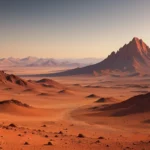 Vue d’un paysage martien avec montagnes, dunes et sol rouge sous un ciel clair.